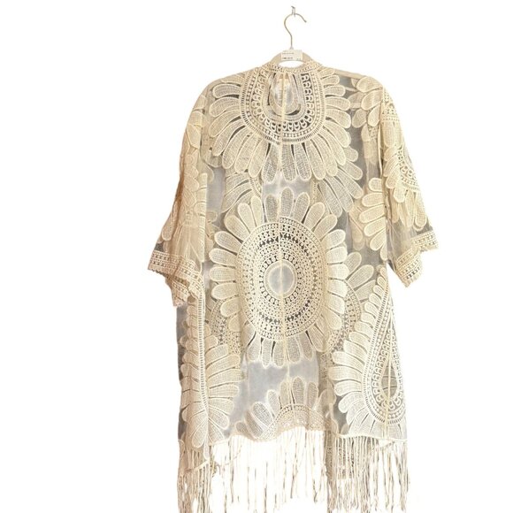 Chico's Lace Embroidered Fringe Sheer Mesh Duster Kimono Women's Large Cream - Picture 7 of 7